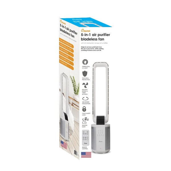 Crane 5-in-1 Air Purifier Bladeless Fan with UV Sterilization, Ionizer & Humidifier EE-5625
