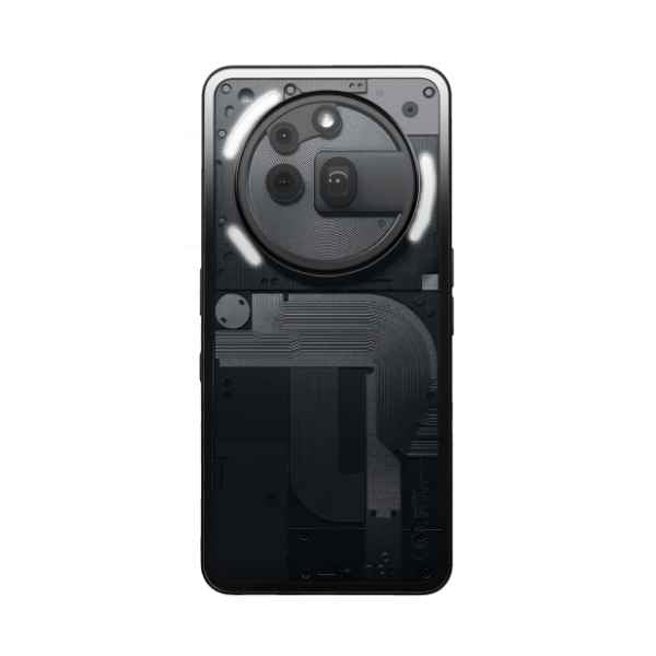 Back view of a black Nothing Phone (3a) Pro smartphone showing the camera module with multiple lenses.
