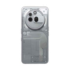 The image shows the back view of the Nothing Phone (3a) Pro smartphone, featuring a transparent back design with three camera lenses and a circular module arranged in a distinctive pattern.