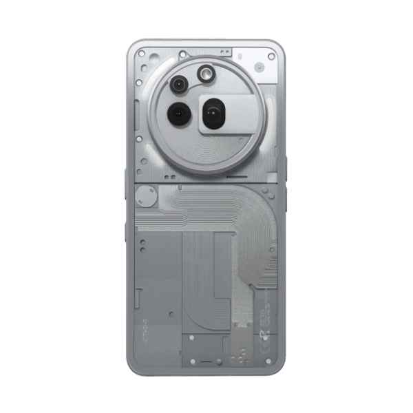 The image shows the back view of the Nothing Phone (3a) Pro smartphone, featuring a transparent back design with three camera lenses and a circular module arranged in a distinctive pattern.