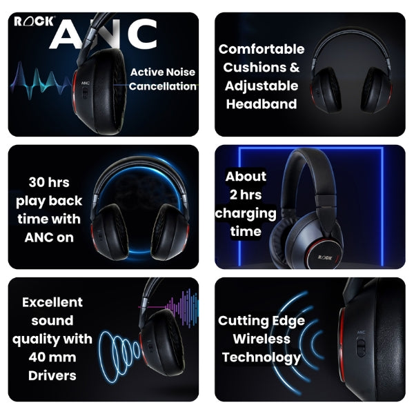 Rock Active Noise Cancelling Vibe Wireless Headphone With Mic