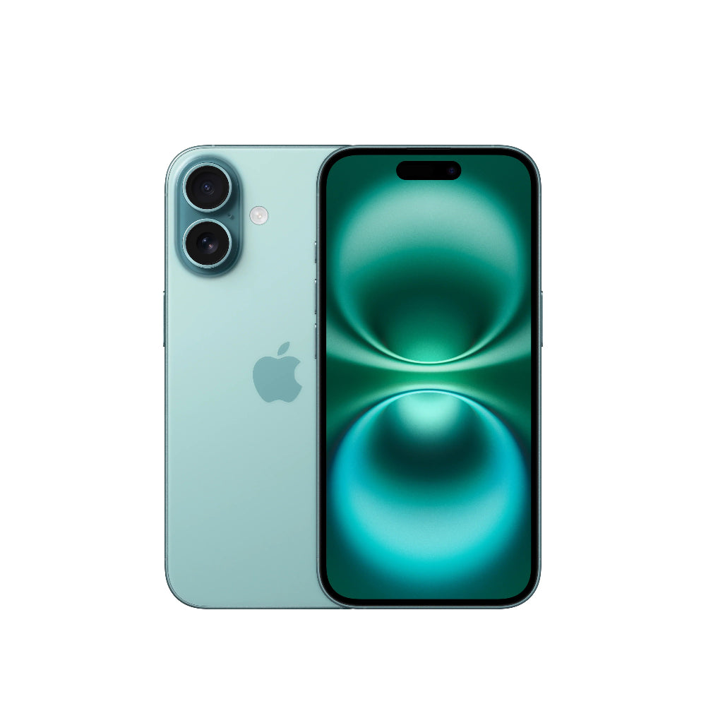 An Apple iPhone 16 with a 128 GB storage option shown in green color, featuring a dual-camera system and a Super Retina XDR display.